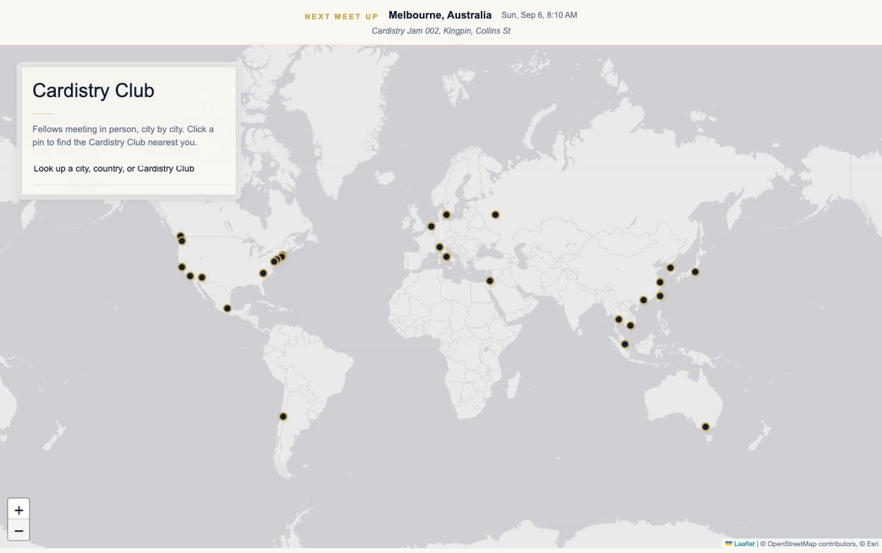 The Cardistry Club map, showing local chapters marked across every populated continent.